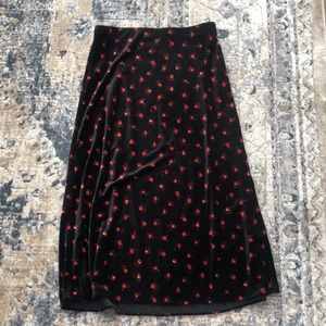 Size S - Loft Velvet Midi Skirt with red flower detail; never worn